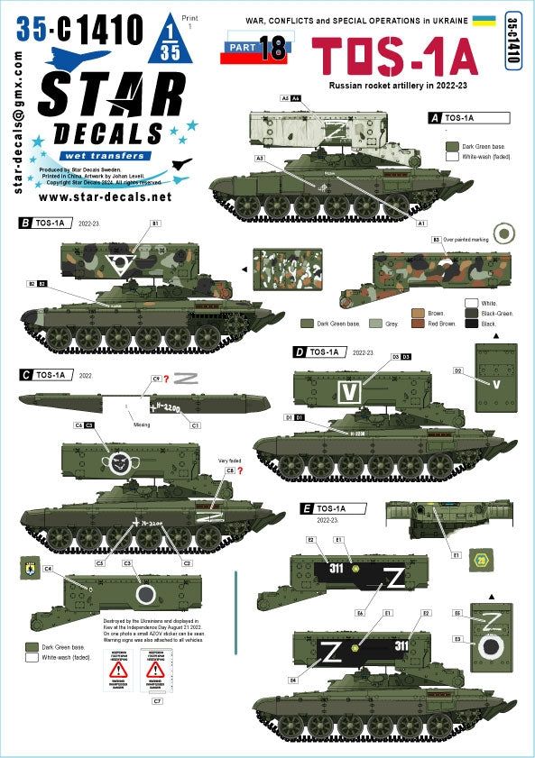 Star Decals 35-C1410 Guerre en Ukraine n° 18. Artillerie de roquettes russe TOS-1A en 2022-2023, échelle 1/35