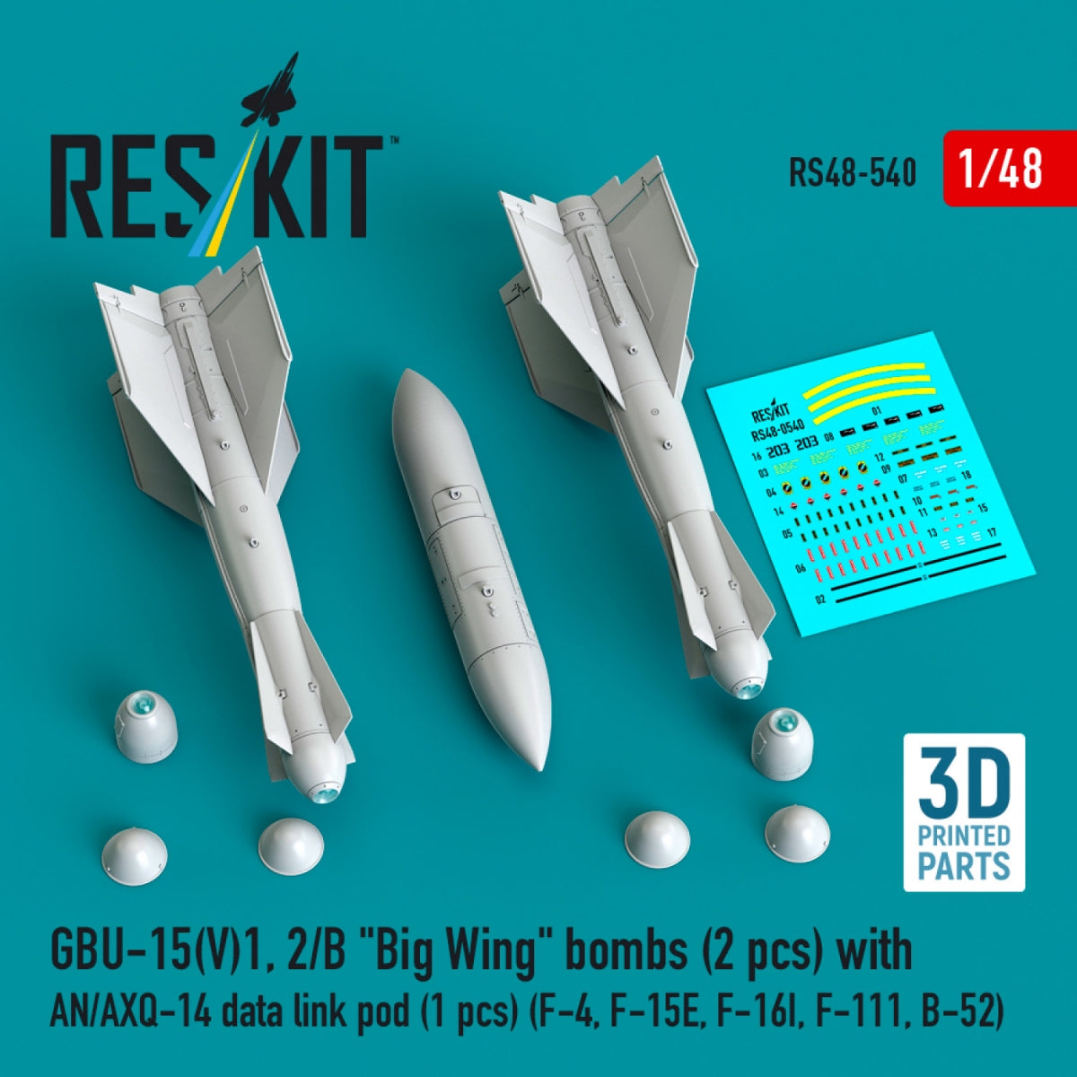 RESKIT RS48-0540 GBU-15(V)1, 2/B "Big Wing" bombs (2 pcs) with AN/AXQ-14 data link pod (1 pcs) (3D Printed) 1/48