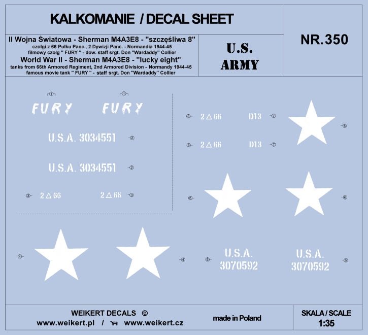 Weikert Decals DEC350 US ARMY - Sherman M4A3E8 tank, famous movie tank "FURY" 1/35