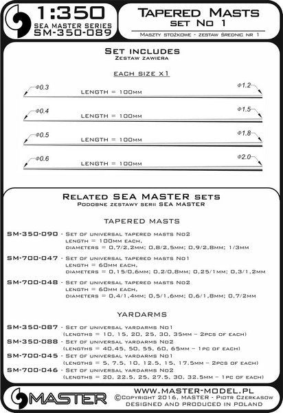 Master SM-350-089 Set of universal tapered masts No1 (length = 100mm each, diameters = 0,3/1,2mm; 0,4/1,5mm; 0,5/1,8mm; 0,6/2mm) 1/350 – Bild 3
