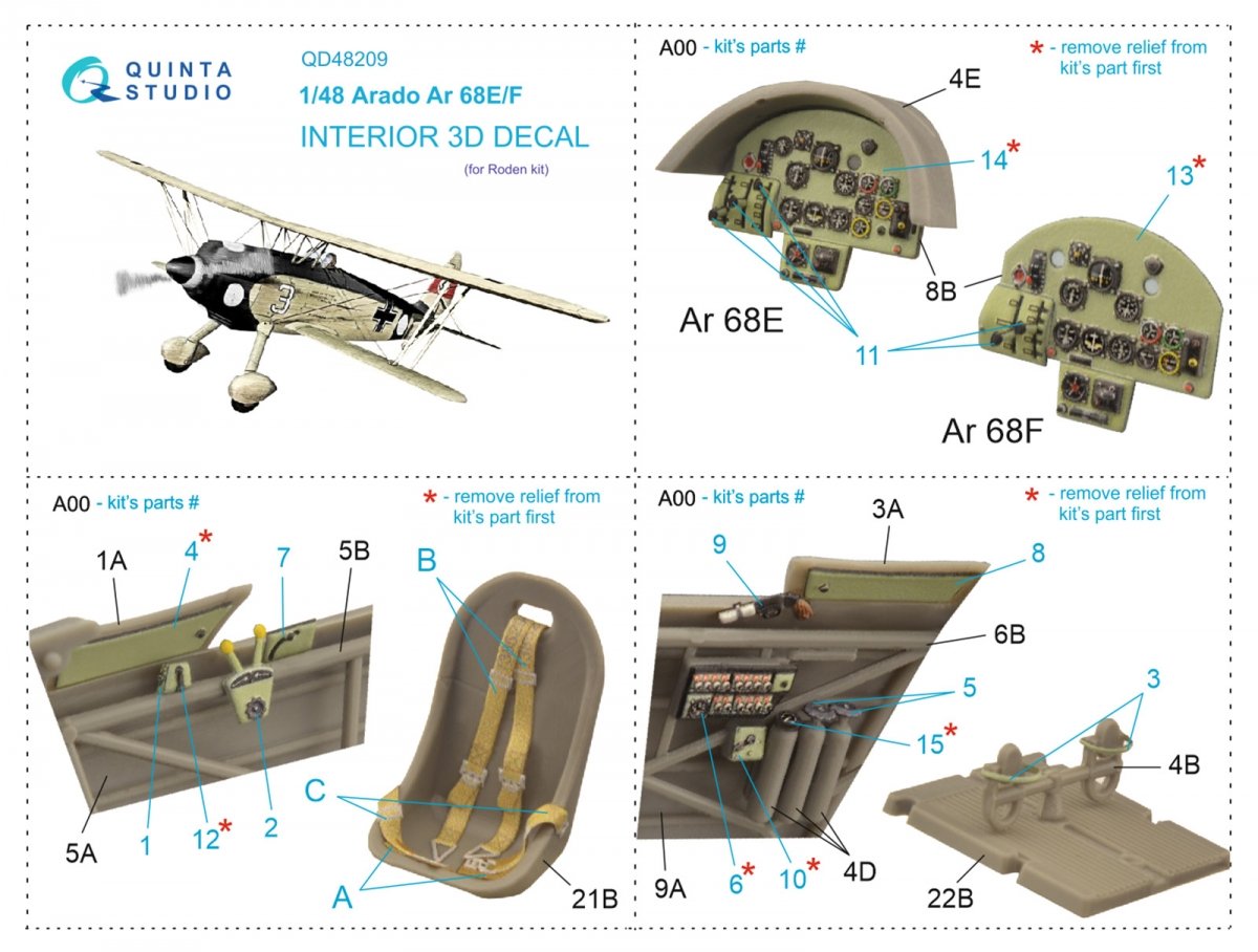 Quinta Studio QD48209 Arado Ar 68 E/F 3D-Printed &amp;amp; coloured Interior on decal paper (Roden) 1/48 – immagine 10