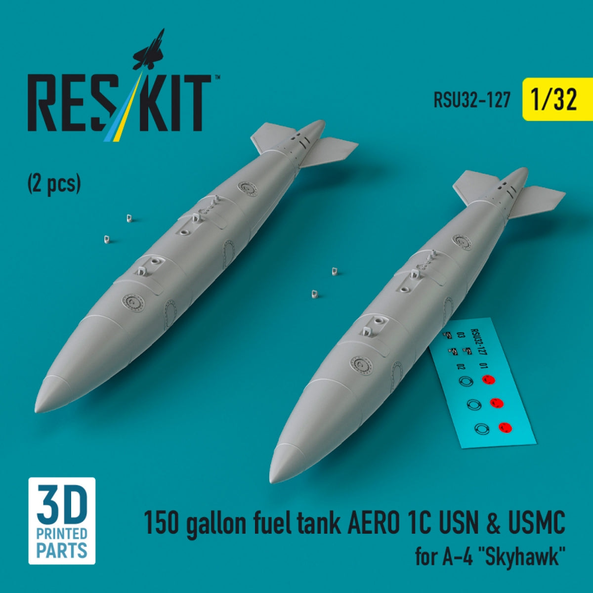 RESKIT RSU32-0127 150 gallon fuel tank AERO 1C USN & USMC for A-4 "Skyhawk" (2 pcs) (3D Printed) 1/32