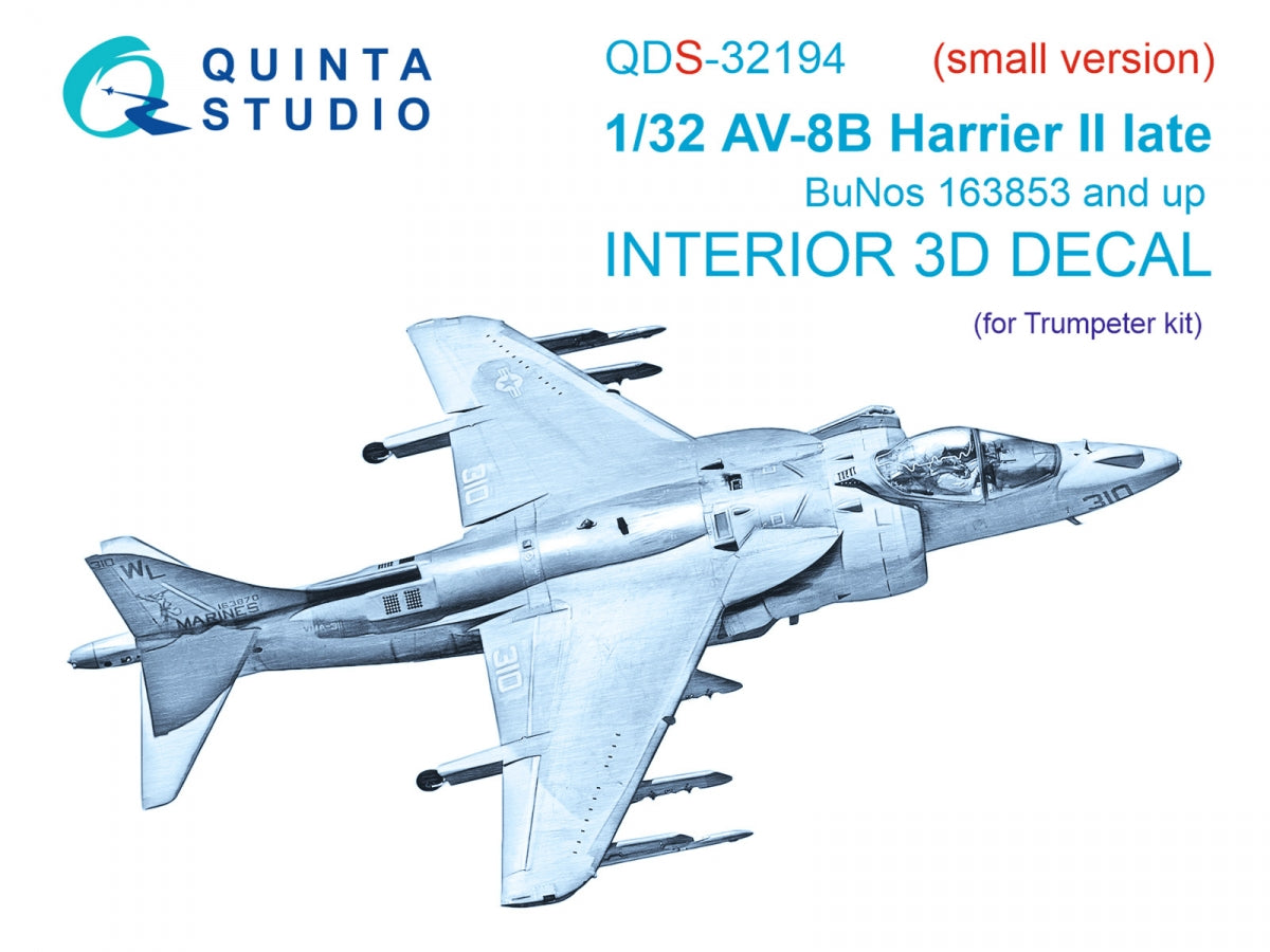 Quinta Studio QDS-32194 AV-8B Harrier II late 3D-Printed &amp;amp; coloured Interior on decal paper (Trumpeter) (small version) 1/32