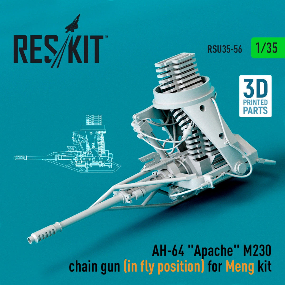 RESKIT RSU35-0056 AH-64 "APACHE" M230 CHAIN GUN (IN FLY POSITION) FOR MENG KIT (3D PRINTED) 1/35