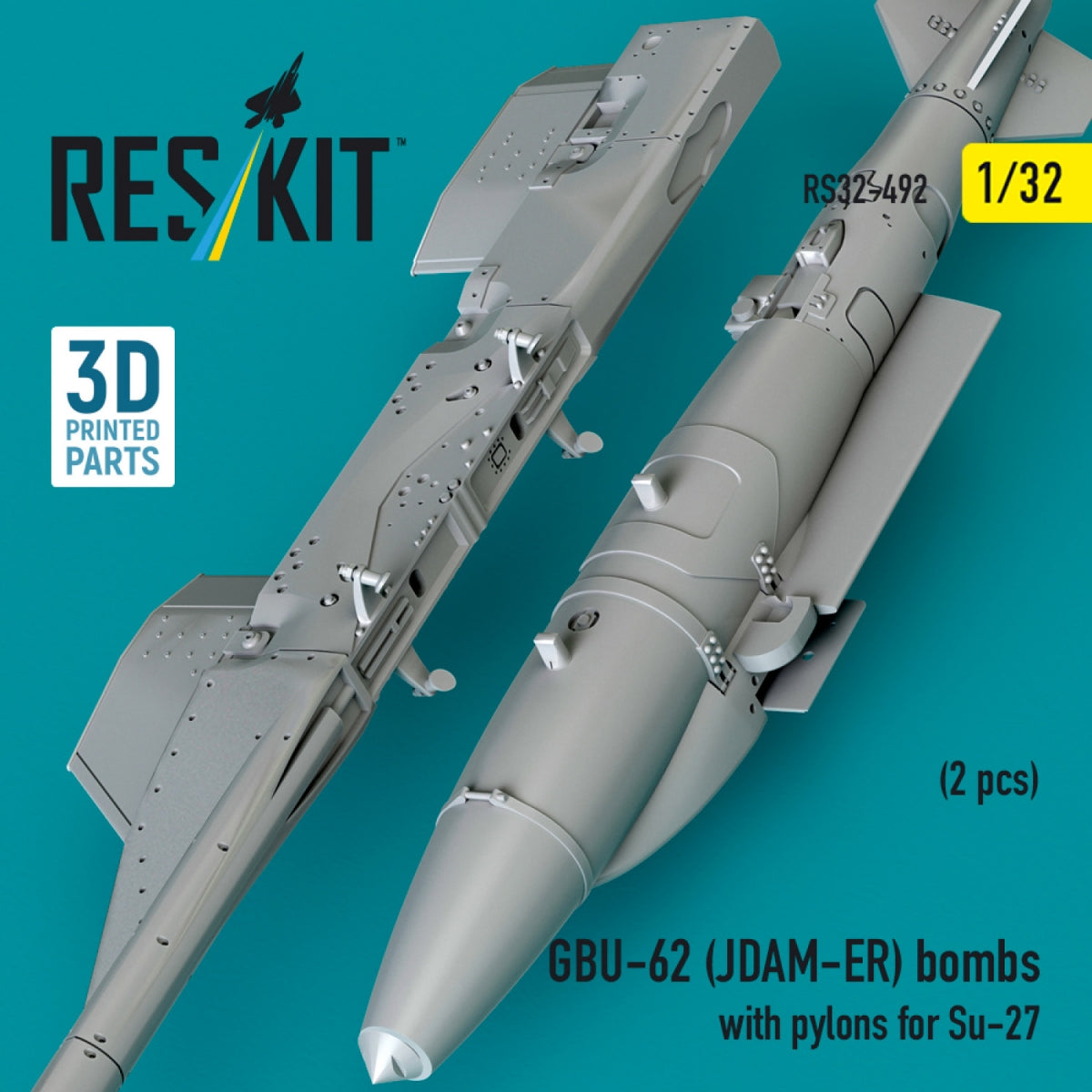 RESKIT RS32-0492 GBU-62 (JDAM-ER) bombs with pylons for Su-27 (2 pcs) (3D Printed) 1/32 – immagine 3
