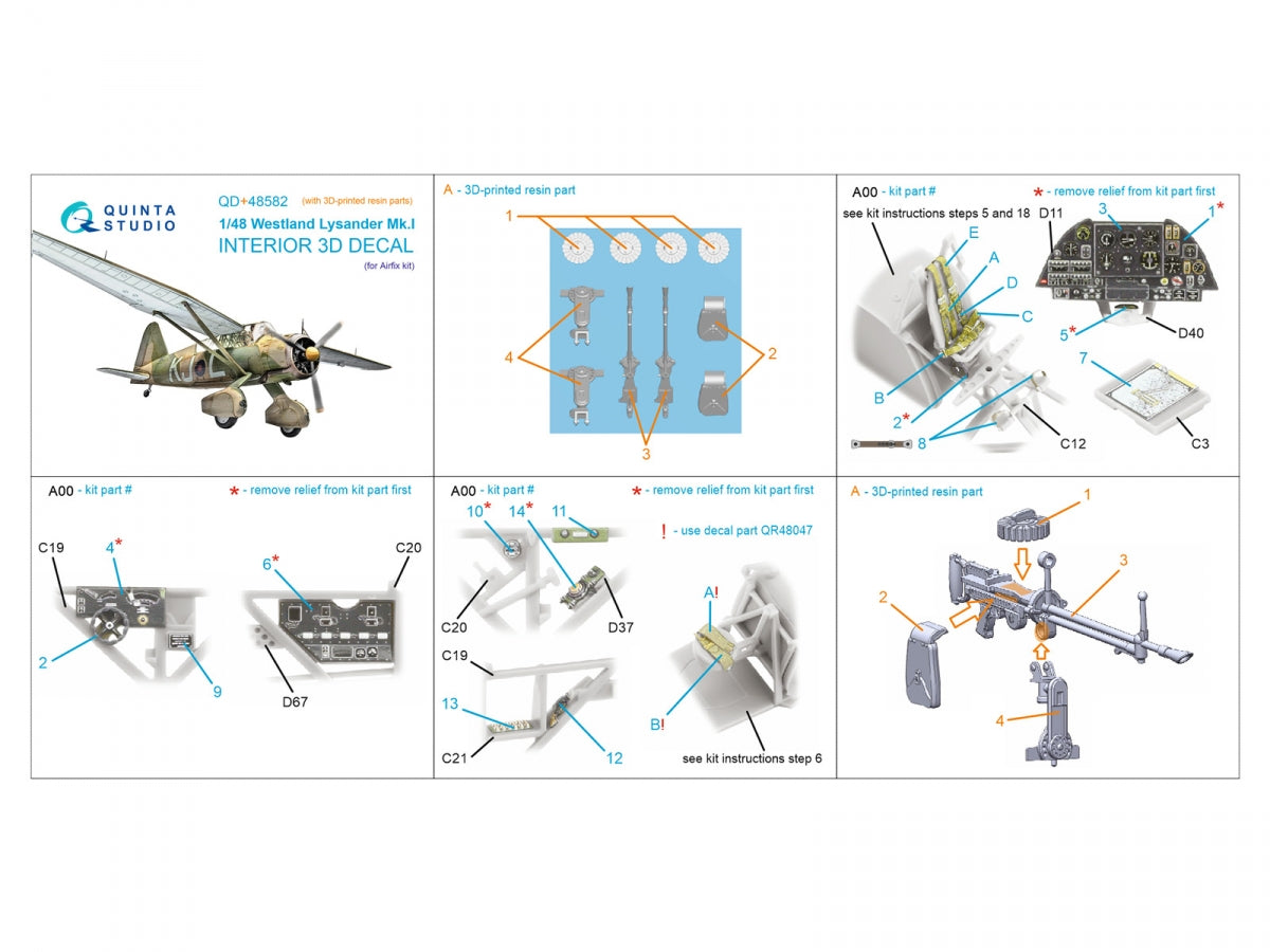 Quinta Studio QD+48582 Westland Lysander Mk.I 3D-Printed &amp;amp; coloured Interior on decal paper (Airfix) (with 3D-printed resin parts) 1/48 – immagine 14