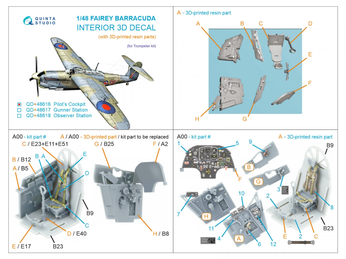 Quinta Studio QD+48616 Fairey Barracuda Pilot's Cockpit 3D-Printed &amp; coloured Interior on decal paper (Trumpeter) (with 3D-printed resin parts) 1/48