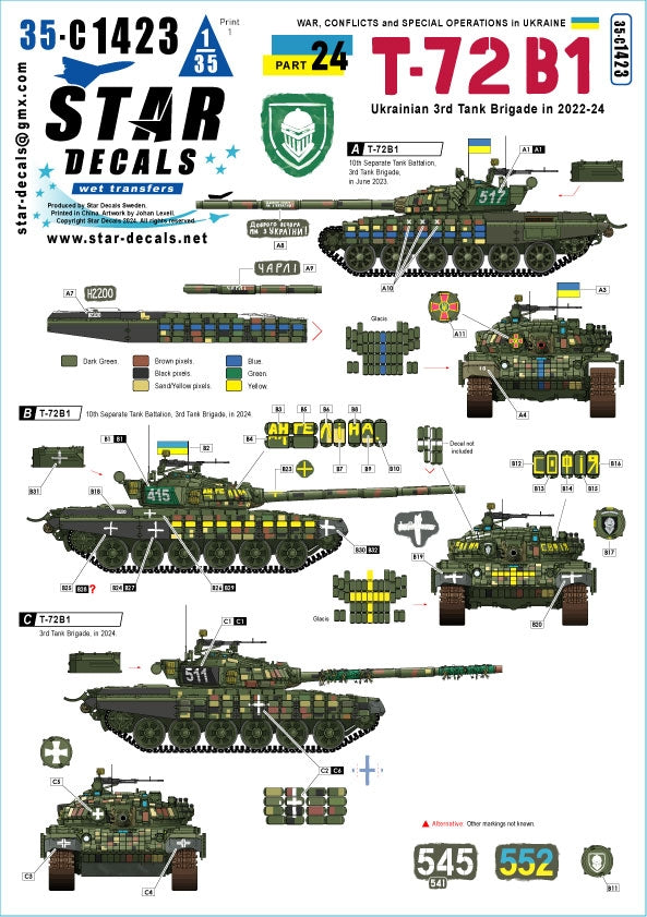 Star Decals 35-C1423 Guerre en Ukraine 24e brigade blindée ukrainienne (2022-2024). Chars T-72B1 à l'échelle 1/35