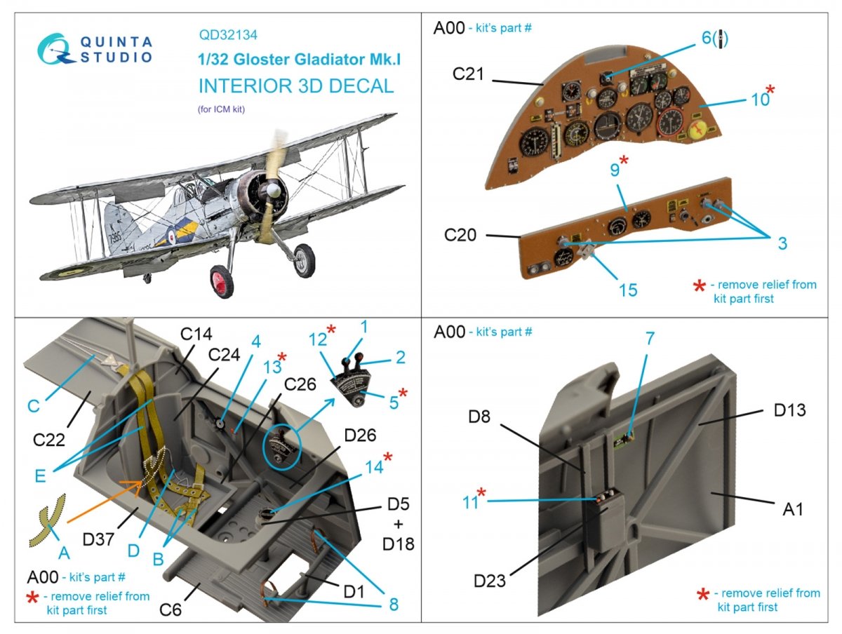 Intérieur imprimé en 3D et coloré sur papier décalcomanie (ICM) Quinta Studio QD32134 Gloster Gladiator Mk I 1/32 – image 6