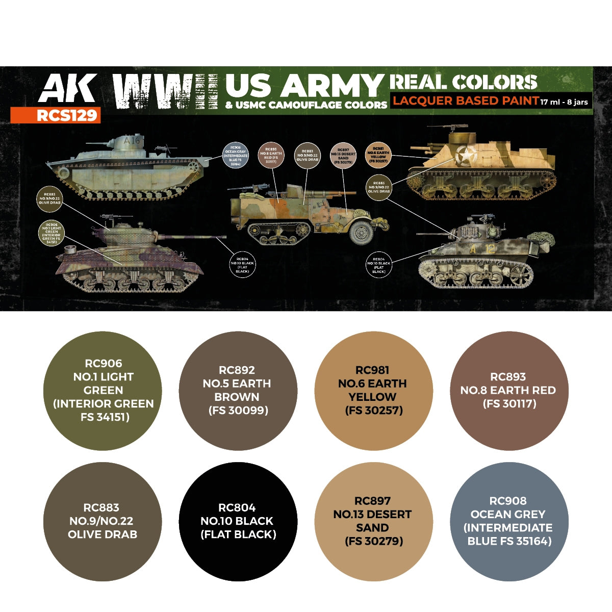AK Interactive RCS129 WWII US Army &amp;amp; USMC Camouflage Colors 8x17ml – imagen 2
