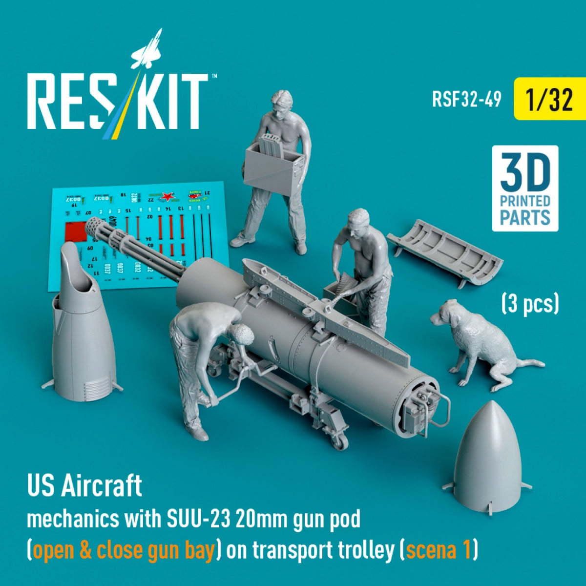 RESKIT RSF32-0049 US Aircraft mechanics with SUU-23 20mm gun pod (open & close gun bay) on transport trolley (scene 1) (3 pcs) (3D Printed) 1/32