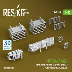 RESKIT AVU35-0008 Merkava Mk.3 rear hull metall storage baskets (2 pcs) w/workable chains for HobbyBoss kit (3D Printed) 1/35