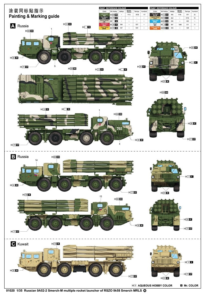 Trumpeter 01020 Russian 9A52-2 Smerch M multiple rocket launcher of RSZO 9k58 Smerch MRLS – immagine 4