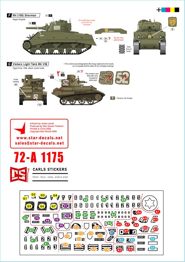 Star Decals 72-A1175 Early IDF markings # 2. Israeli armoured cars and AFVs in 1948-49. Sherman 75mm, Sherman 105mm, Cromwell Mk IVF, Hotchkiss 39 H, Vickers Light Tank Mk VI B. 1/72 – Bild 2