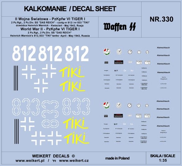 Weikert Decals DEC330 PzKpfw VI TIGER - 2e Régiment Panzer, 2e Division Panzer &amp;quot;DAS REICH&amp;quot; 1/35