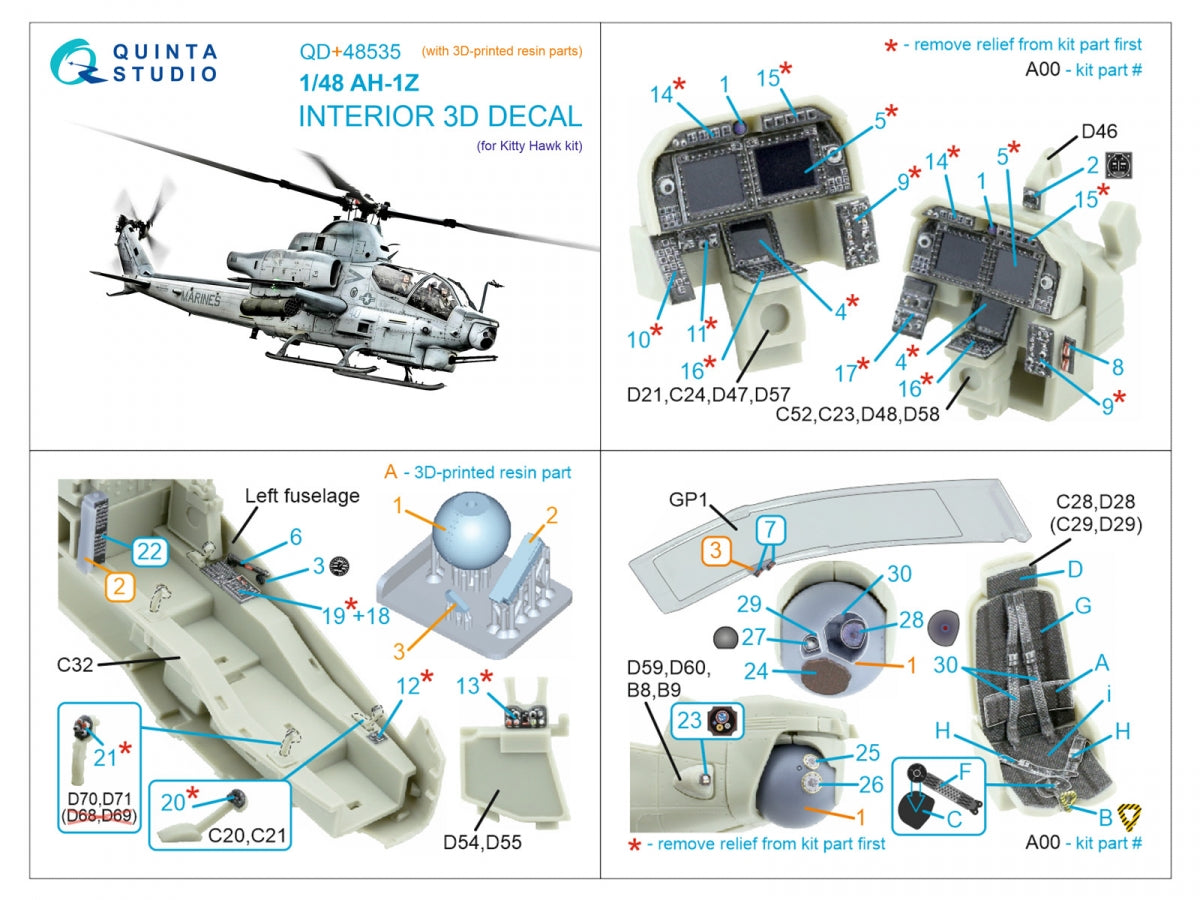 Quinta Studio QD+48535 AH-1Z Zulu Cobra/Viper 3D-Printed &amp;amp; coloured Interior on decal paper (KittyHawk) (with 3D-printed resin parts) 1/48 – Bild 13