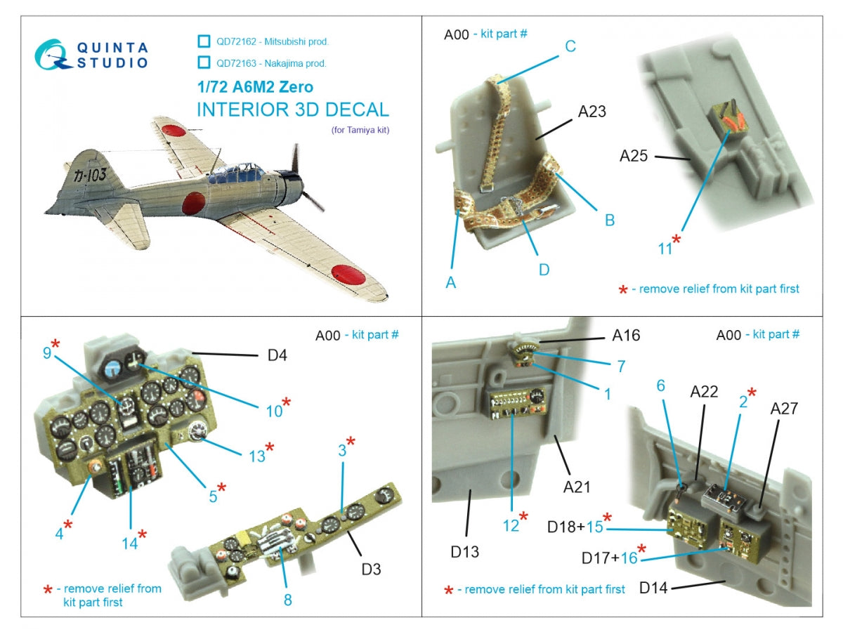 Intérieur coloré imprimé en 3D sur papier décalcomanie (Tamiya) Quinta Studio QD72163 A6M2 Zero (Nakajima Prod.) 1/72 – image 10