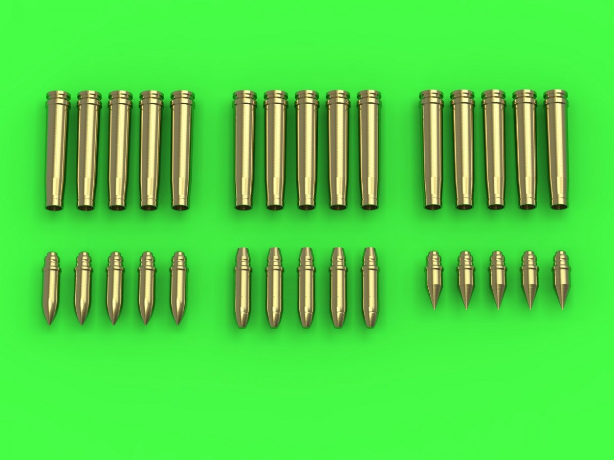 Master GM-35-019 German 2cm ammunition (cal. 20x138B) for Flak 30/38, KwK 30/38 guns - shells (15 pcs.) and 3 types of projectiles (5 pcs. of each type) (1/35)