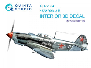 Quinta Studio QD72084 Yak-1B 3D-Printed &amp;amp; coloured Interior on decal paper (Arma Hobby) 1/72