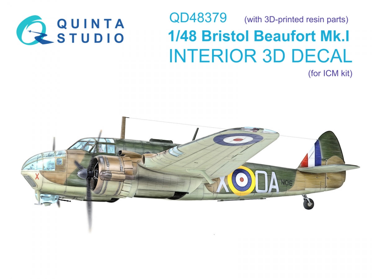 Quinta Studio QD+48379 Bristol Beaufort Mk.I 3D-Printed &amp; colored Interior on decal paper (ICM) (with 3D-printed resin parts) 1/48