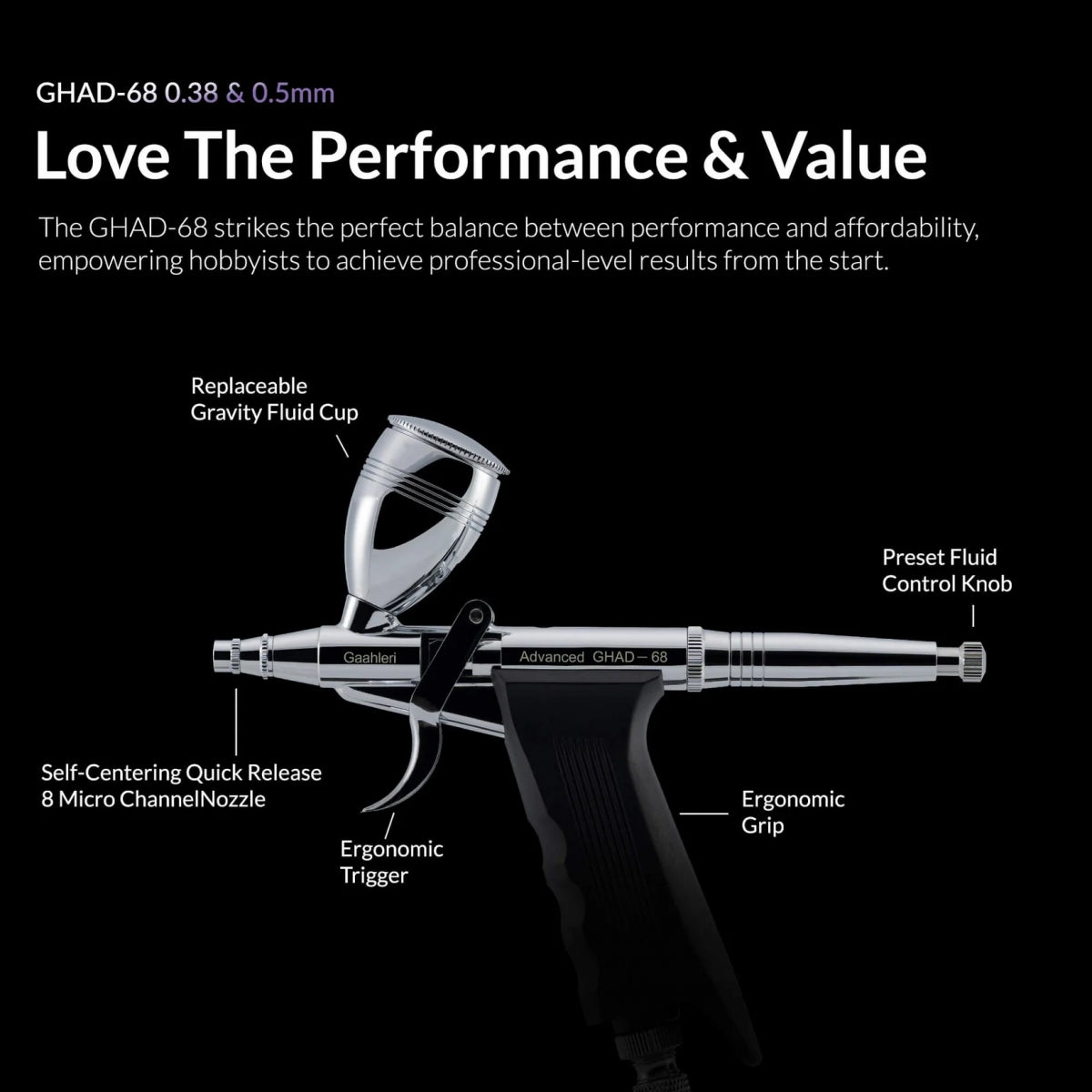 Gaahleri 40140 Advanced Series GHAD-68 Airbrush 0,38 mm &amp; 0,5 mm, 1/4 oz &amp; 1/2 oz