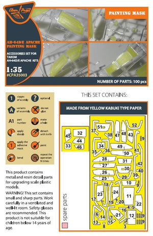 Clear Prop! CPA35003 Boeing AH-64 D/E Apache painting mask on yellow kabuki paper (for TAKOM kit) 1/35 – immagine 2