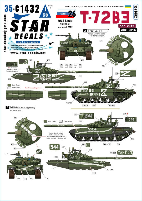 Star Decals 35-C1432 Guerre en Ukraine n° 26 T-72B3 russe à Marioupol 2022. T-72B3 rev. 2012 et rev. 2016. Échelle 1/35