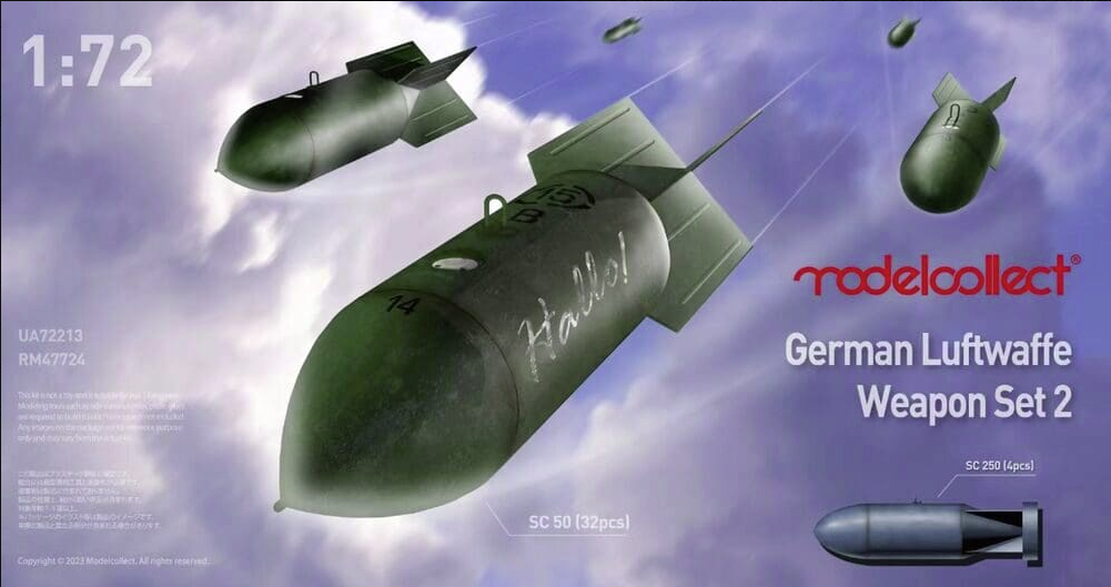 Modelcollect UA72213 Ensemble d'armes de la Luftwaffe allemande de la Seconde Guerre mondiale 2 (SC50x32 et SC250x4) 1/72