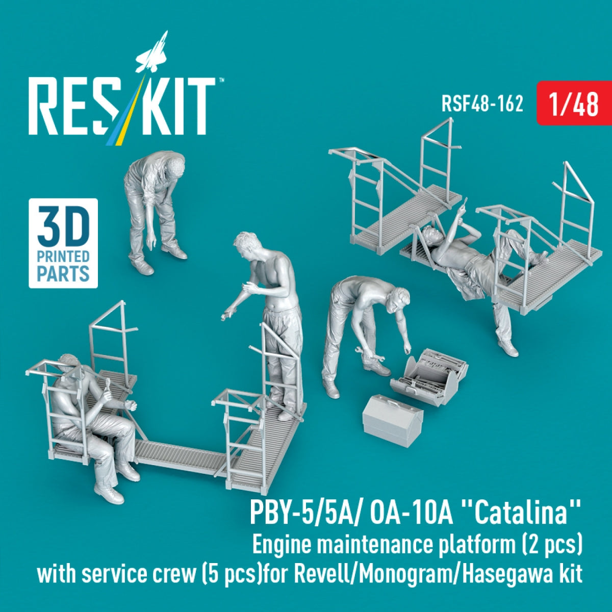 RESKIT RSF48-0162 PBY-5/5A/ OA-10A "Catalina" Engine maintenance platform (2 pcs) with service crew (5 pcs) for Revell/Monogram/Hasegawa kit (3D Printed) 1/48