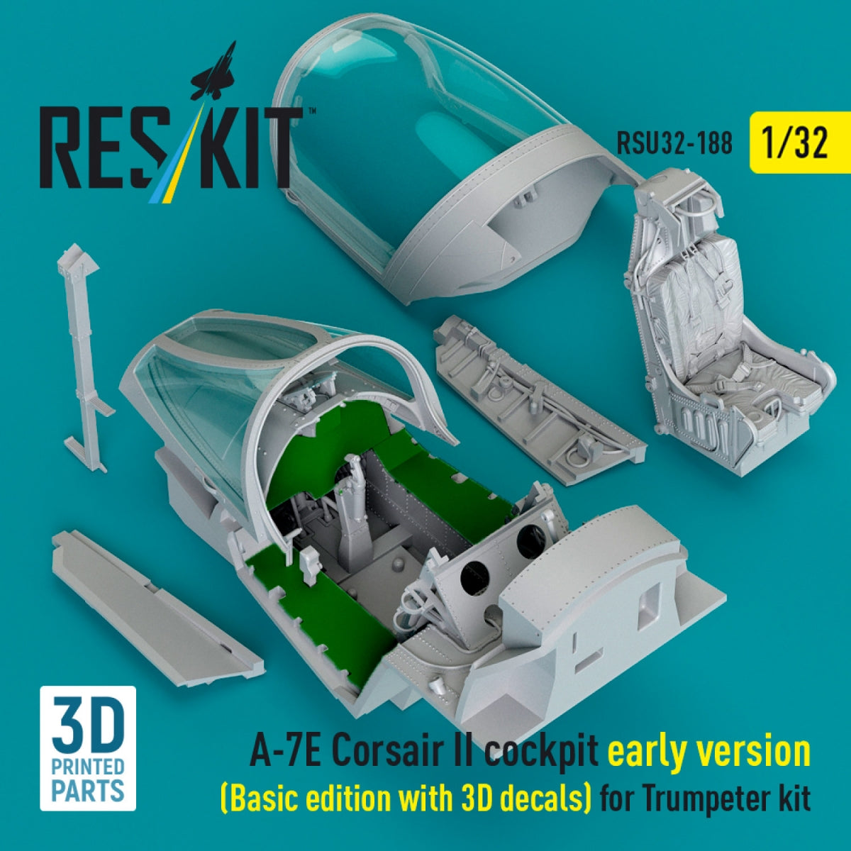 RESKIT RSU32-0188 A-7E Corsair II early cockpit (Basic edition with 3D decals) for Trumpeter kit (3D Printed) 1/32
