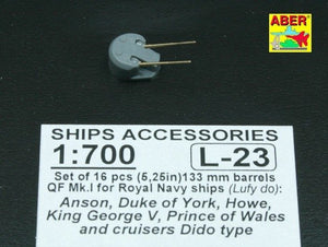 Aber 1/700L-23 Set of 16 pcs 133mm (5,25in) barrels QF Mk.1 for Royal Navy King George V class battleships cruisers Dido type 1/700 – immagine 2
