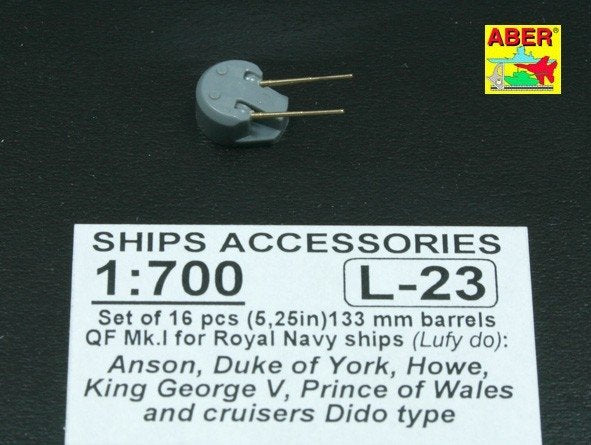 Aber 1/700L-23 Set of 16 pcs 133mm (5,25in) barrels QF Mk.1 for Royal Navy King George V class battleships cruisers Dido type 1/700 – immagine 2