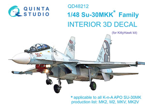 Quinta Studio QD48212 Su-30MKK 3D-Printed &amp;amp; colored Interior on decal paper (KittyHawk) 1/48