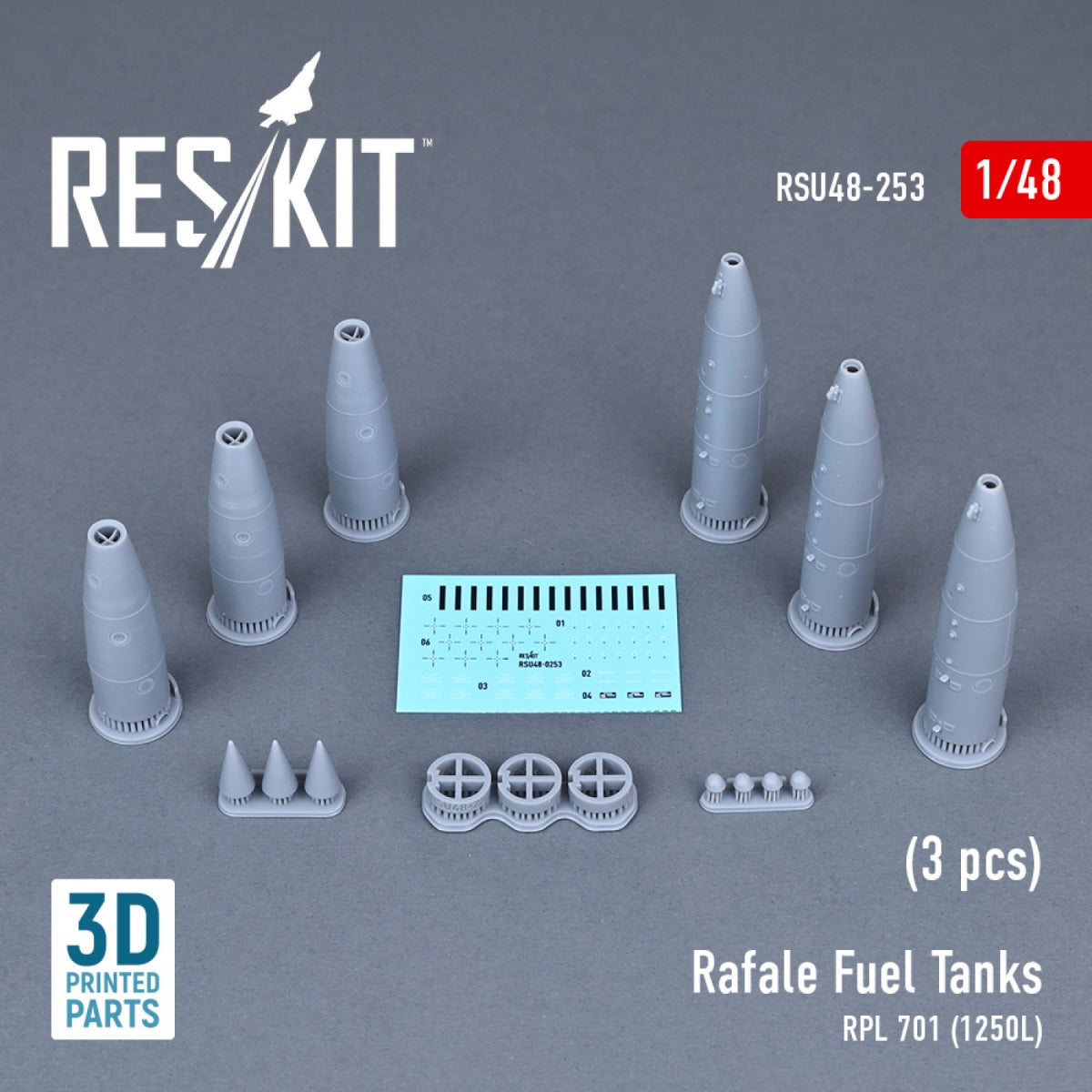 RESKIT RSU48-0253 RAFALE FUEL TANKS RPL 701 (1250L) (3 PCS) (3D PRINTED) 1/48 – image 2