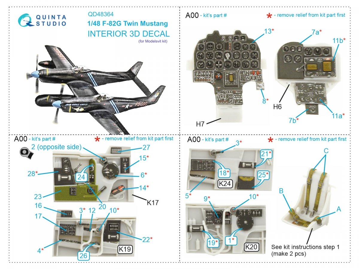 Quinta Studio QD48364 F-82G Twin Mustang 3D-Printed &amp;amp; coloured Interior on decal paper (Modelsvit) 1/48 – zdjęcie 11