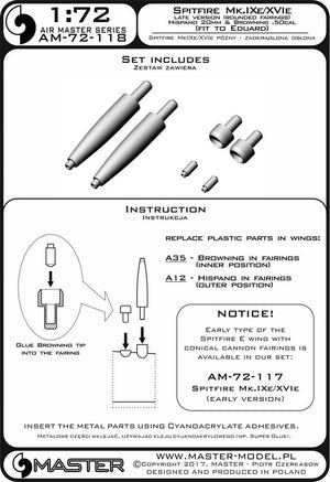 Master AM-72-118 Spitfire Mk.IXe/XVIe późna wersja (zaokrąglona osłona) - lufy działek Hispano 20mm oraz km Browning .50cal w osłonach (pasuje do modelu Eduarda) 1/72 – immagine 3