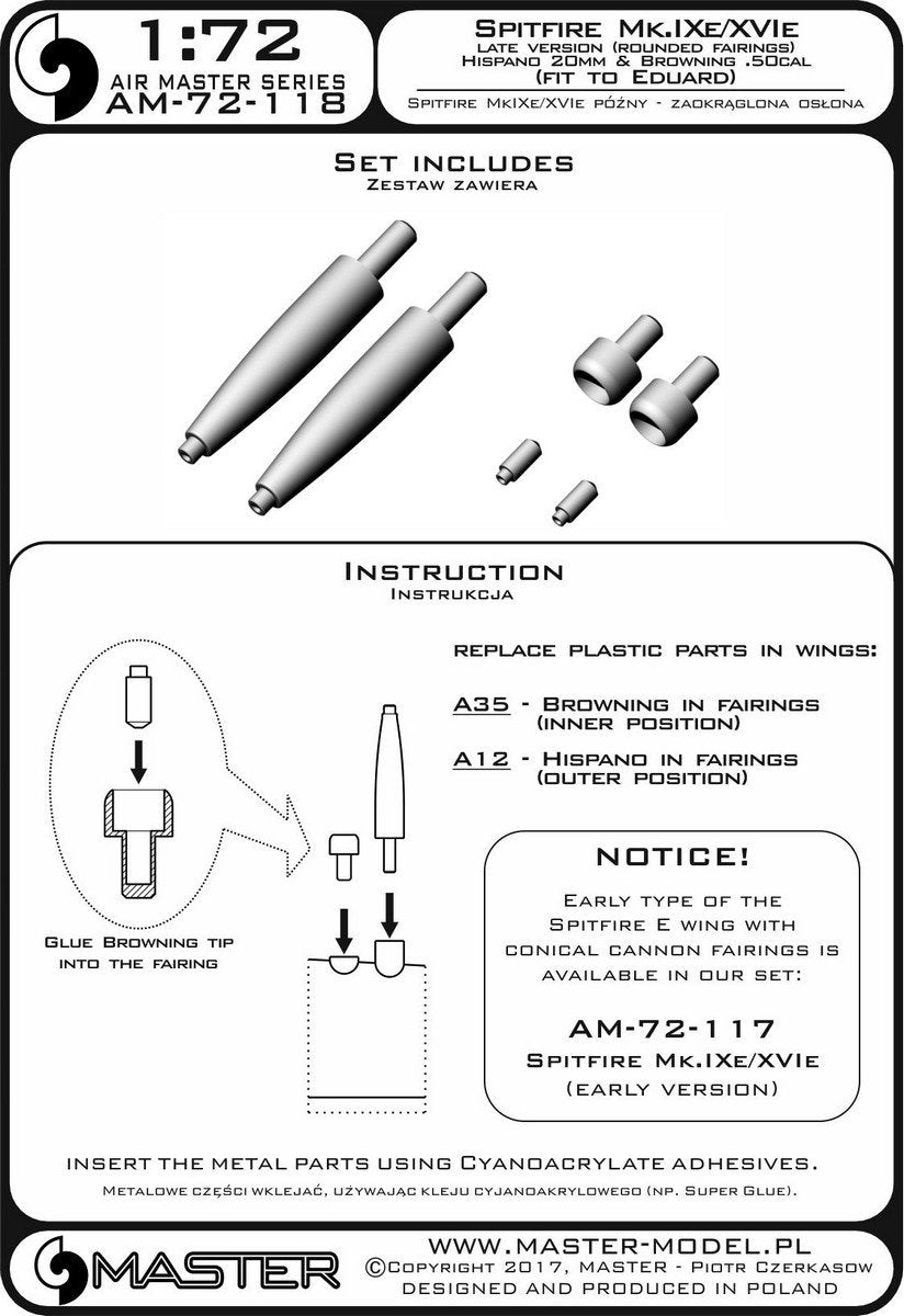 Master AM-72-118 Spitfire Mk.IXe/XVIe późna wersja (zaokrąglona osłona) - lufy działek Hispano 20mm oraz km Browning .50cal w osłonach (pasuje do modelu Eduarda) 1/72 – immagine 3
