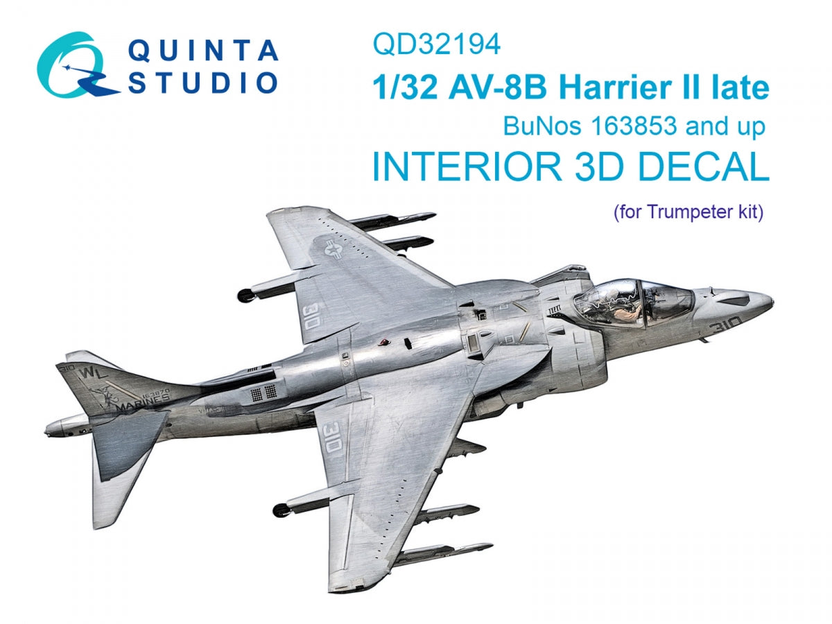 Intérieur imprimé en 3D et coloré sur papier décalcomanie Quinta Studio QD32194 AV-8B Harrier II tardif (Trumpeter) 1/32