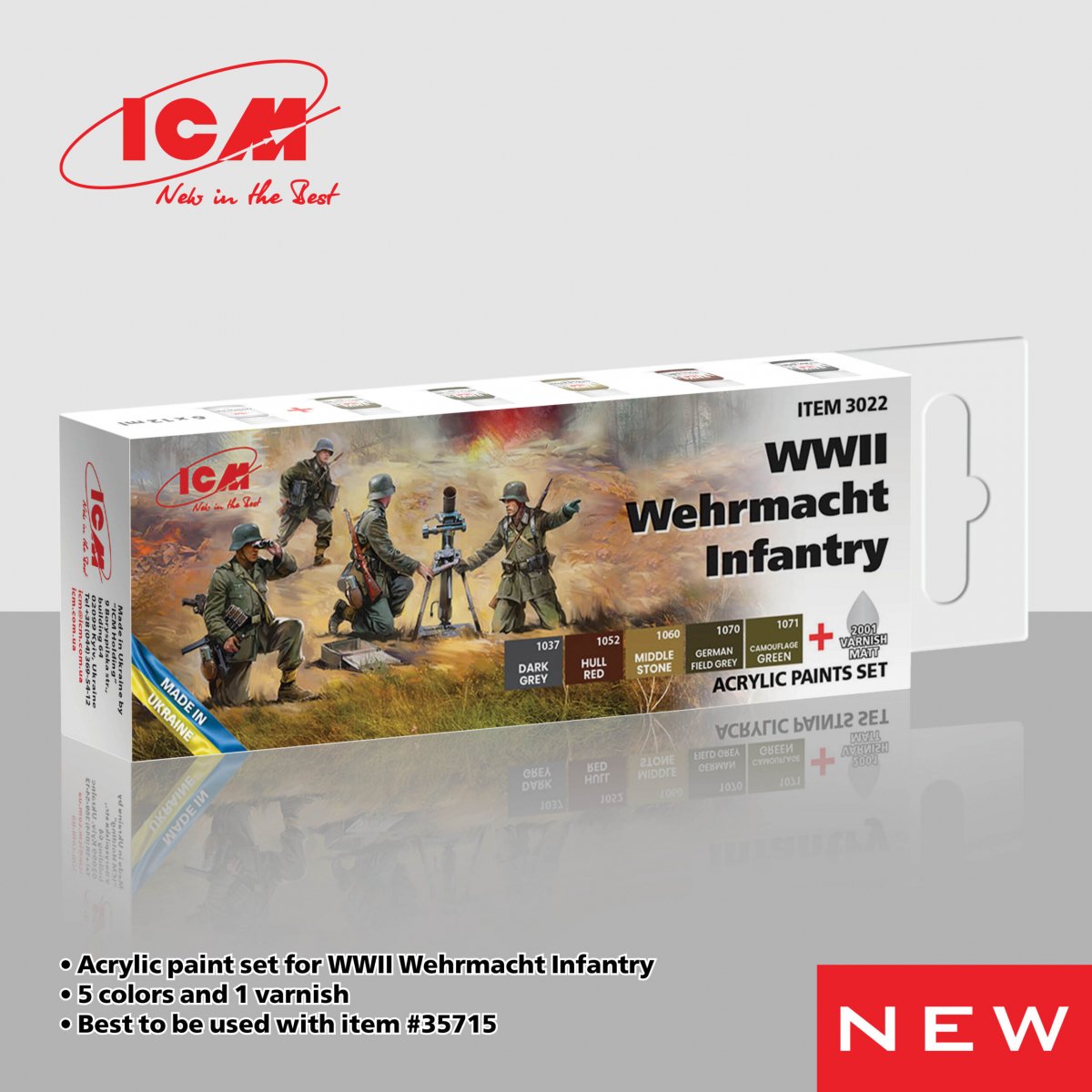 ICM 3022 Acrylic Paint Set for WWII Wehrmacht Infantry 5x12ml + Maat Varnish