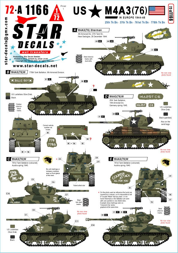Star Decals 72-A1166 US M4A3(76) in Europe 1944-45. 25th Tk Bn. 37th Tk Bn. 761st Tk Bn. 778th Tk Bn 1/72