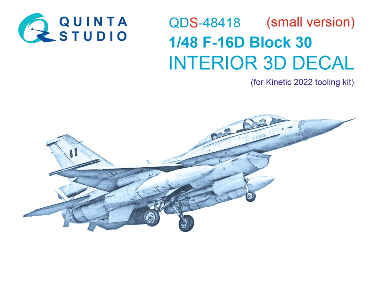 Quinta Studio QDS-48418 F-16D block 30 3D-Printed &amp; colored Interior on decal paper (Kinetic 2022 tool) (Small version) 1/48