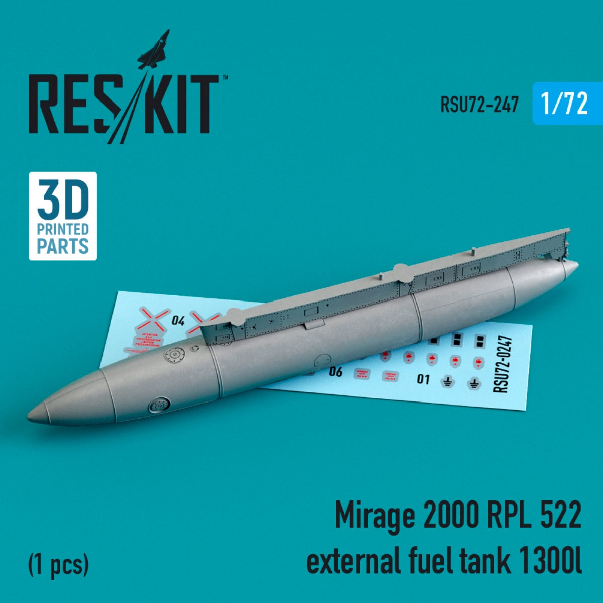 RESKIT RSU72-0247 MIRAGE 2000 RPL 522 RÉSERVOIR DE CARBURANT EXTERNE 1300 L (IMPRIMÉ EN 3D) 1/72