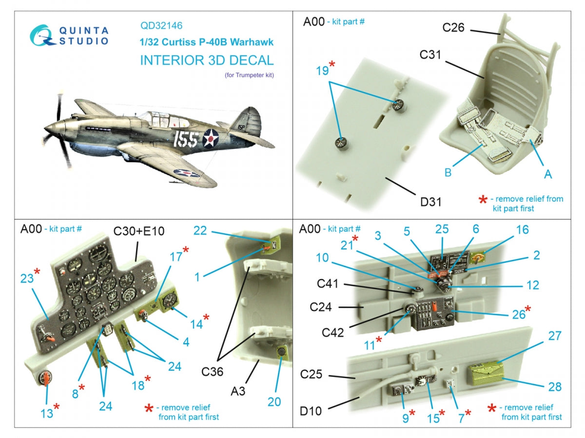 Quinta Studio QD32146 P-40B Warhawk 3D-Printed &amp;amp; coloured Interior on decal paper (Trumpeter) 1/32 – zdjęcie 2