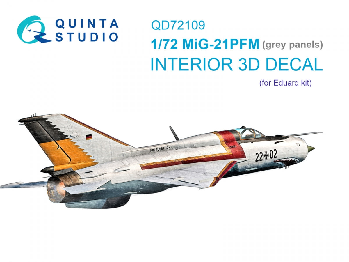 Quinta Studio QD72109 MiG-21PFM Gray panels 3D-Printed &amp;amp; coloured Interior on decal paper (Eduard) 1/72