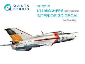 Quinta Studio QD72109 MiG-21PFM Gray panels 3D-Printed &amp;amp; coloured Interior on decal paper (Eduard) 1/72