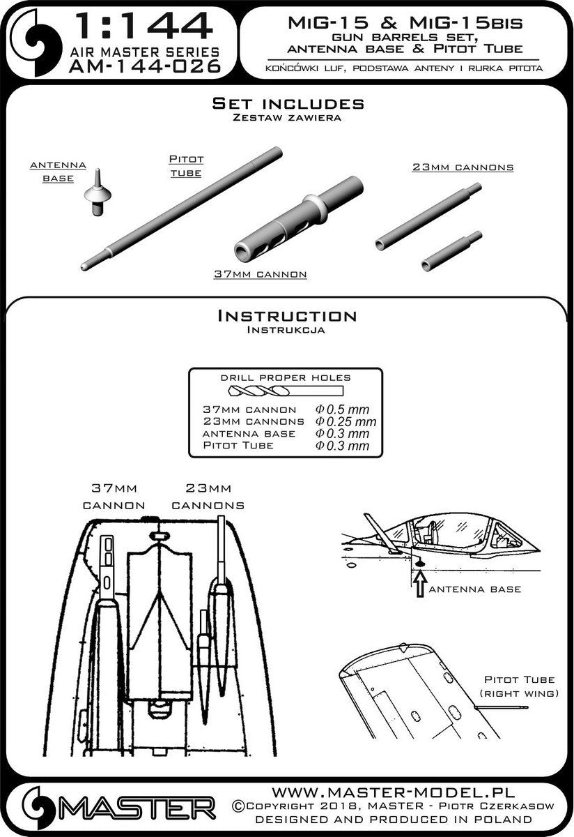 Master AM-144-026 MiG-15, MiG 15 bis -końcówki luf, podstawa anteny i Rurka Pitota 1/144 – imagen 3