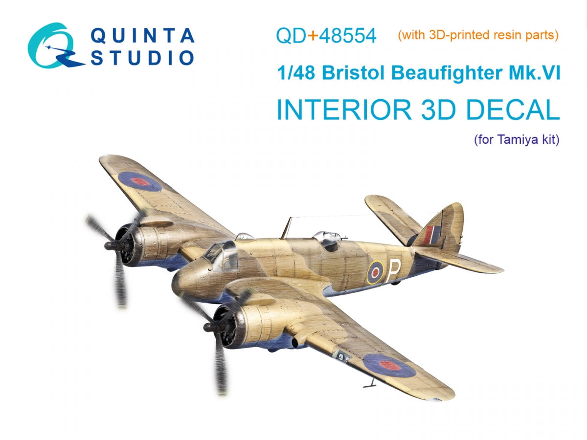 Quinta Studio QD+48554 Bristol Beaufighter Mk.VI 3D-Printed &amp; colored Interior on decal paper (Tamiya) (with 3D-printed resin parts) 1/48