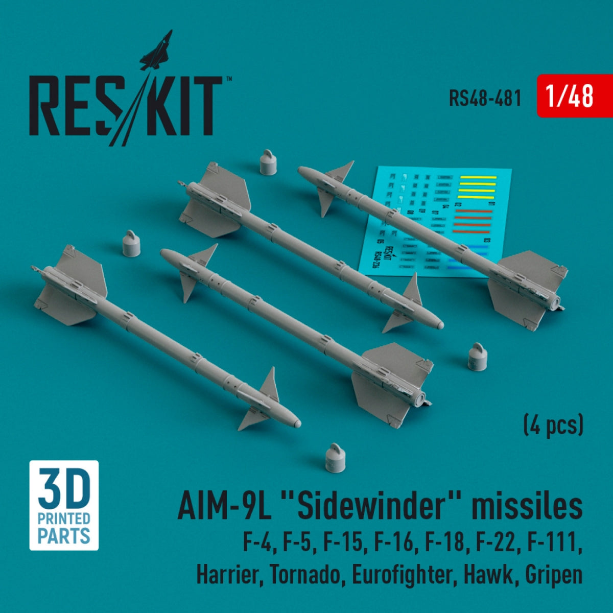 RESKIT RS48-0481 AIM-9L "Sidewinder" missiles (4 pcs) (3D Printed) 1/48