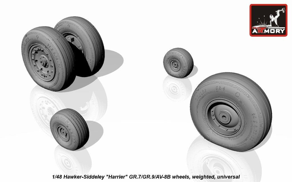 Roues avec pneus lestés pour Hawker-Siddeley Harrier GR.7/GR.9/AV-8B (Armory Models AW48405) à l&amp;#39;échelle 1/48