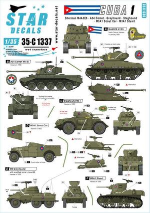 Star Decals 35-C1337 Tanks &amp;amp; AFVs in Cuba # 1. M4A3E8 Sherman, A34 Comet, Staghound, Greyhound, M3A1 Scout Car, M3A1 Stuart.1/35